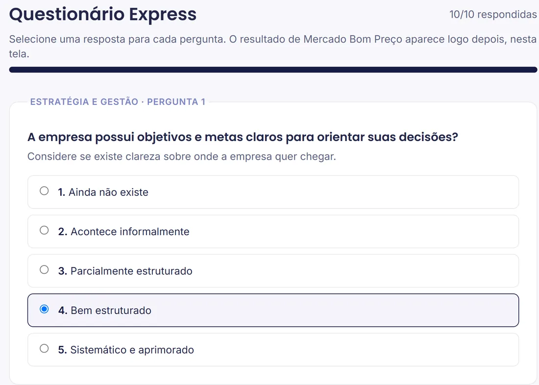 Pergunta do Diagnóstico Express com cinco alternativas, de Ainda não existe a Sistemático e aprimorado